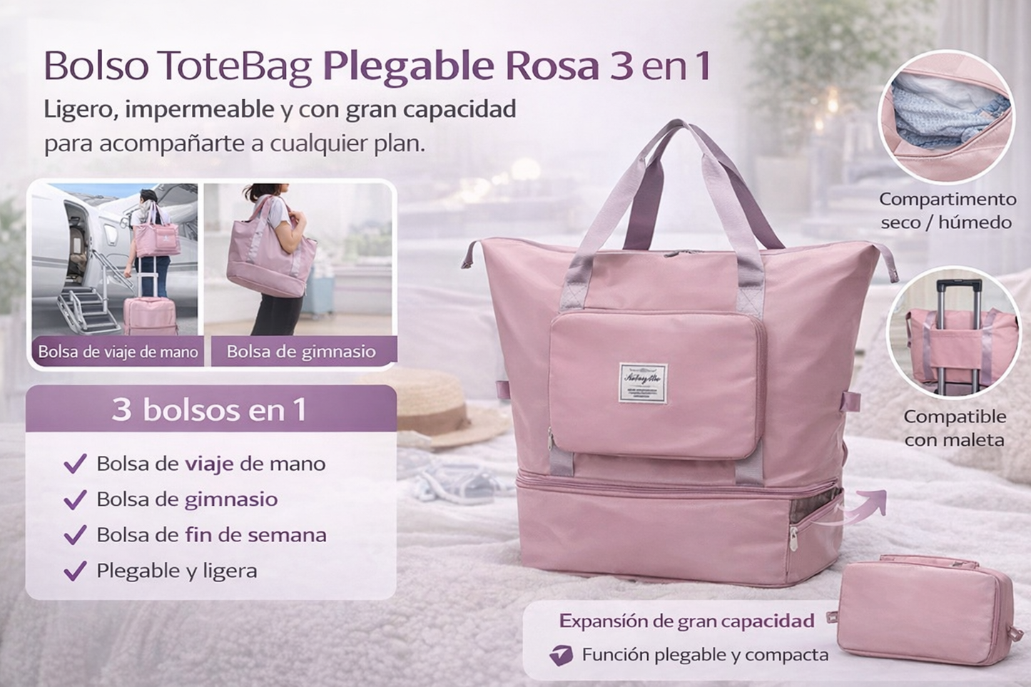 Bolso ToteBag Plegable Rosa 3 en 1