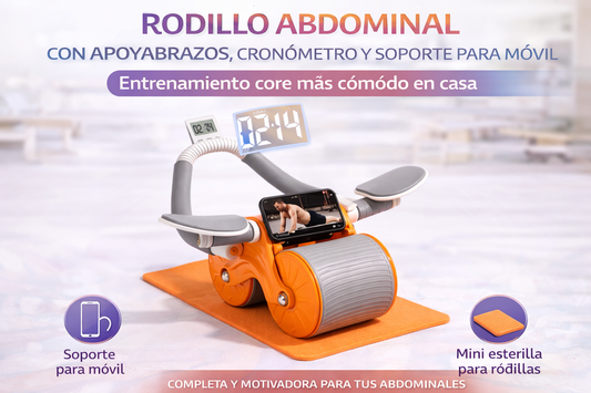 Rodillo Abdominal con Apoyabrazos, Cronómetro y Soporte para Móvil