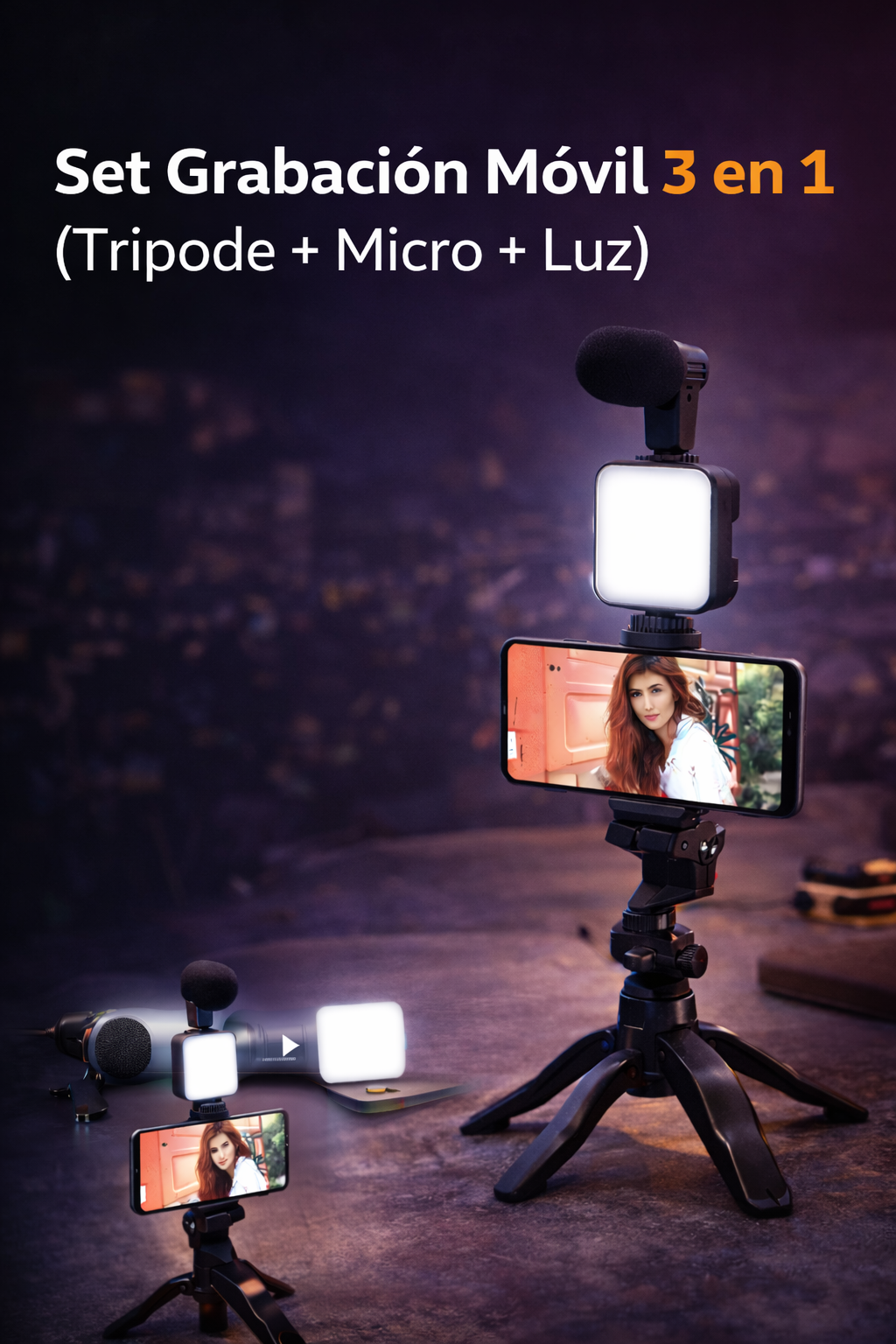 Set grabación móvil 3 en 1 (tripode+micro +luz)